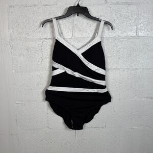 Anne Cole Contrast-Trim Mesh-Insert 1 Piece Swimsuit -black/white 18W  $122